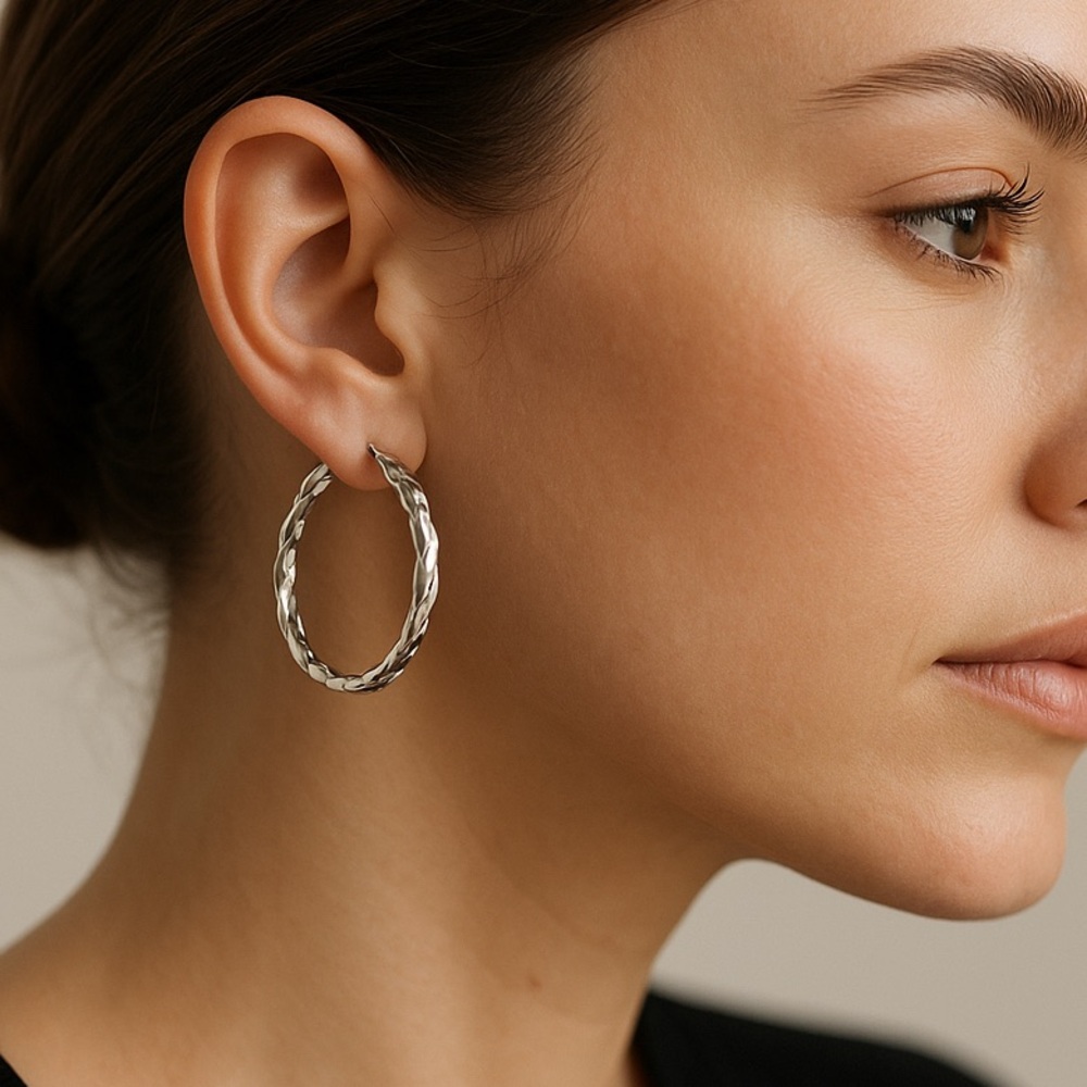 Marlyn Schiff Etched Twisted Rope Hoop Earrings - Silver - Picture 1 of 5